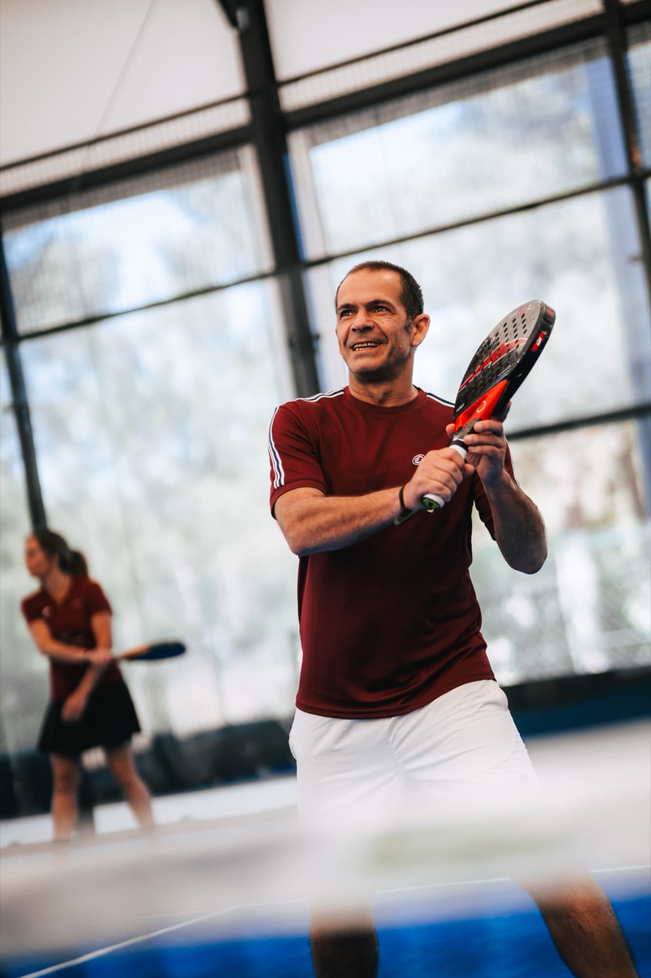Player in ready stance on the court